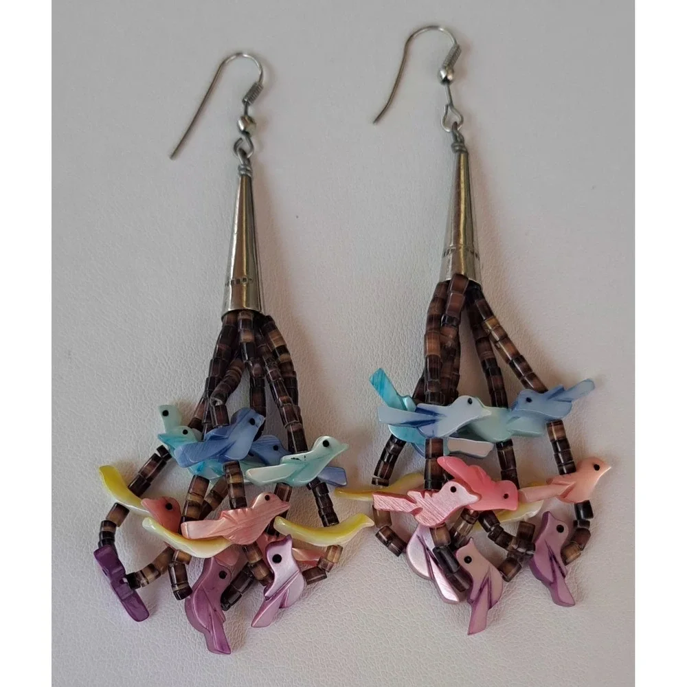 Vtg Native American Zuni Fetish Heishi Beaded Earrings - Picture 2 of 6